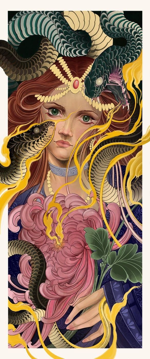 Pintura: mulher coroada de serpentes
